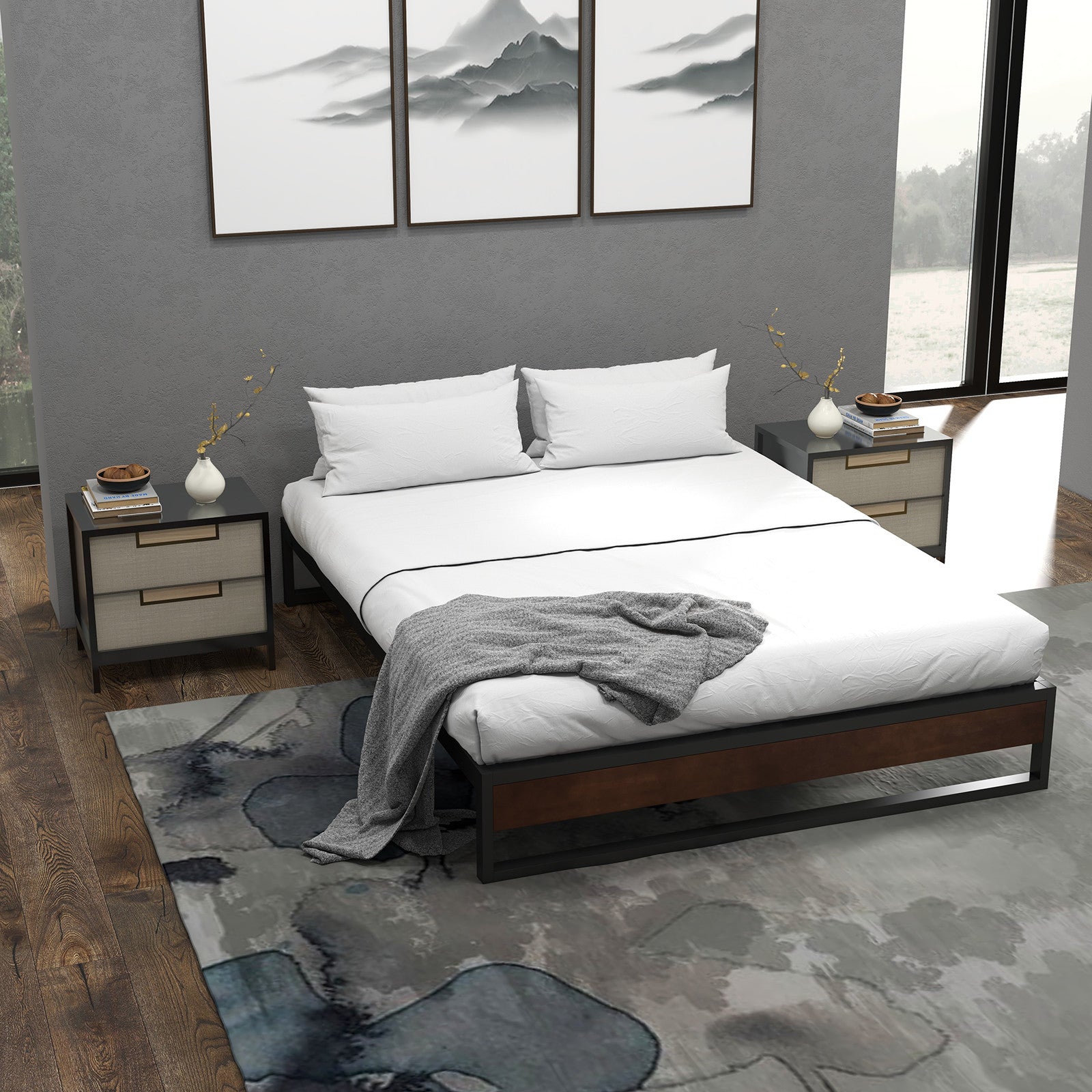 Single Metal and Wood Bed Base With Slatted Support Frame