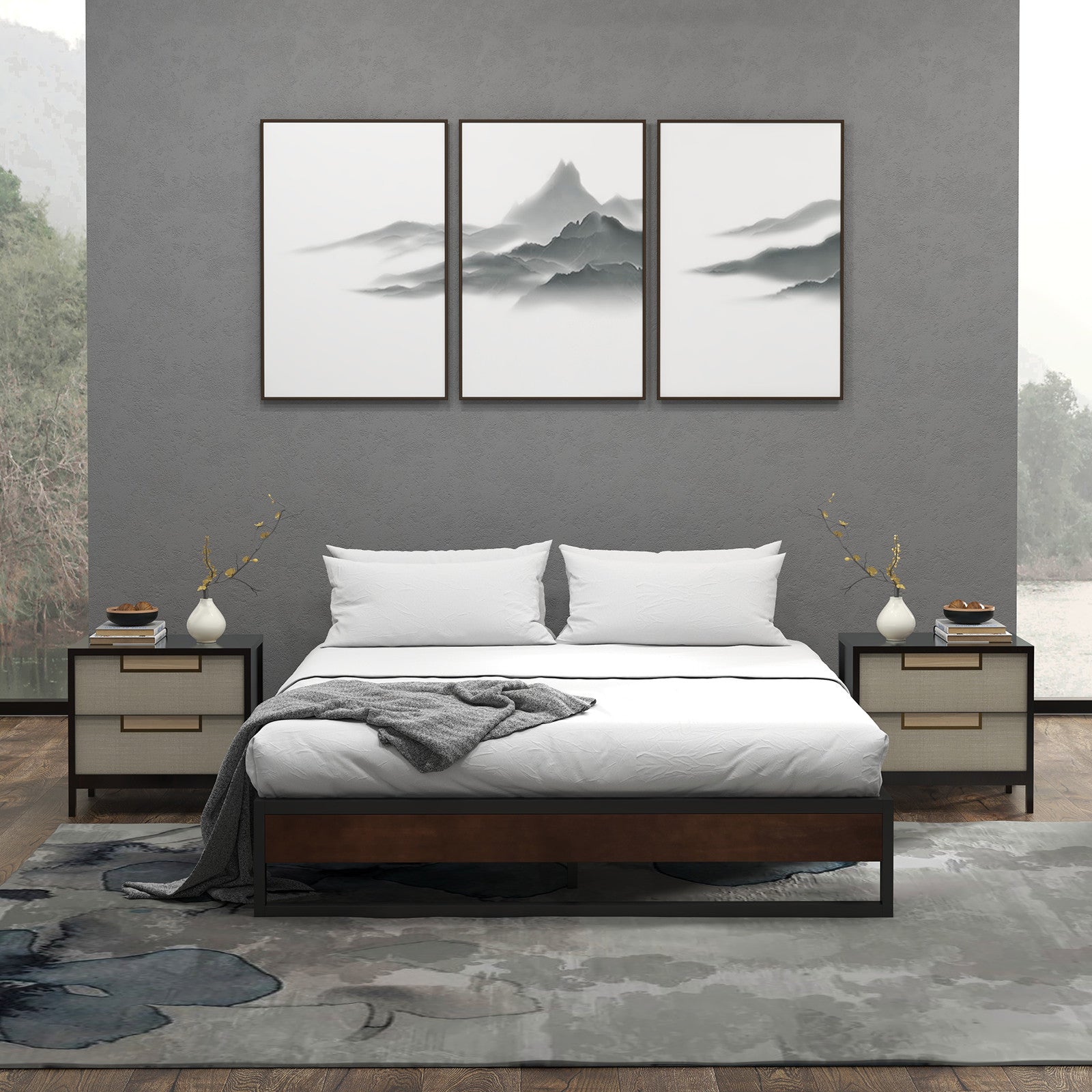 Single Metal and Wood Bed Base With Slatted Support Frame