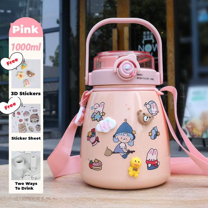 1000Ml Large Water Bottle Stainless Steel Straw Water Jug With Free Sticker Packs