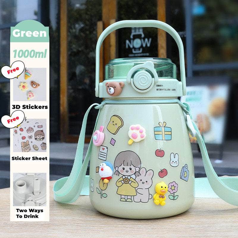 1000Ml Large Water Bottle Stainless Steel Straw Water Jug With Free Sticker Packs