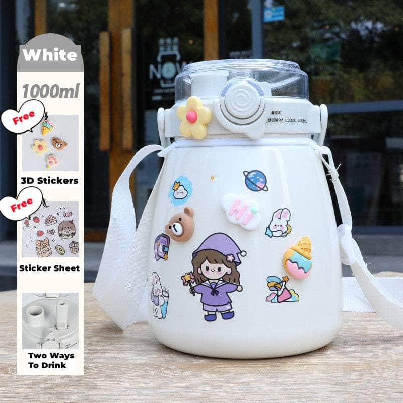 1000Ml Large Water Bottle Stainless Steel Straw Water Jug With Free Sticker Packs