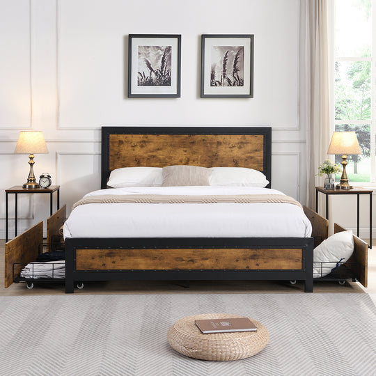 Rustic Metal Bed Frame with 4 Drawers - Stylish and