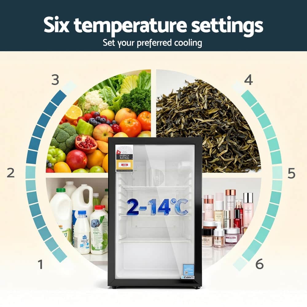 105L Bar Fridge Glass Door Mini Fridge Countertop Cooler Black King