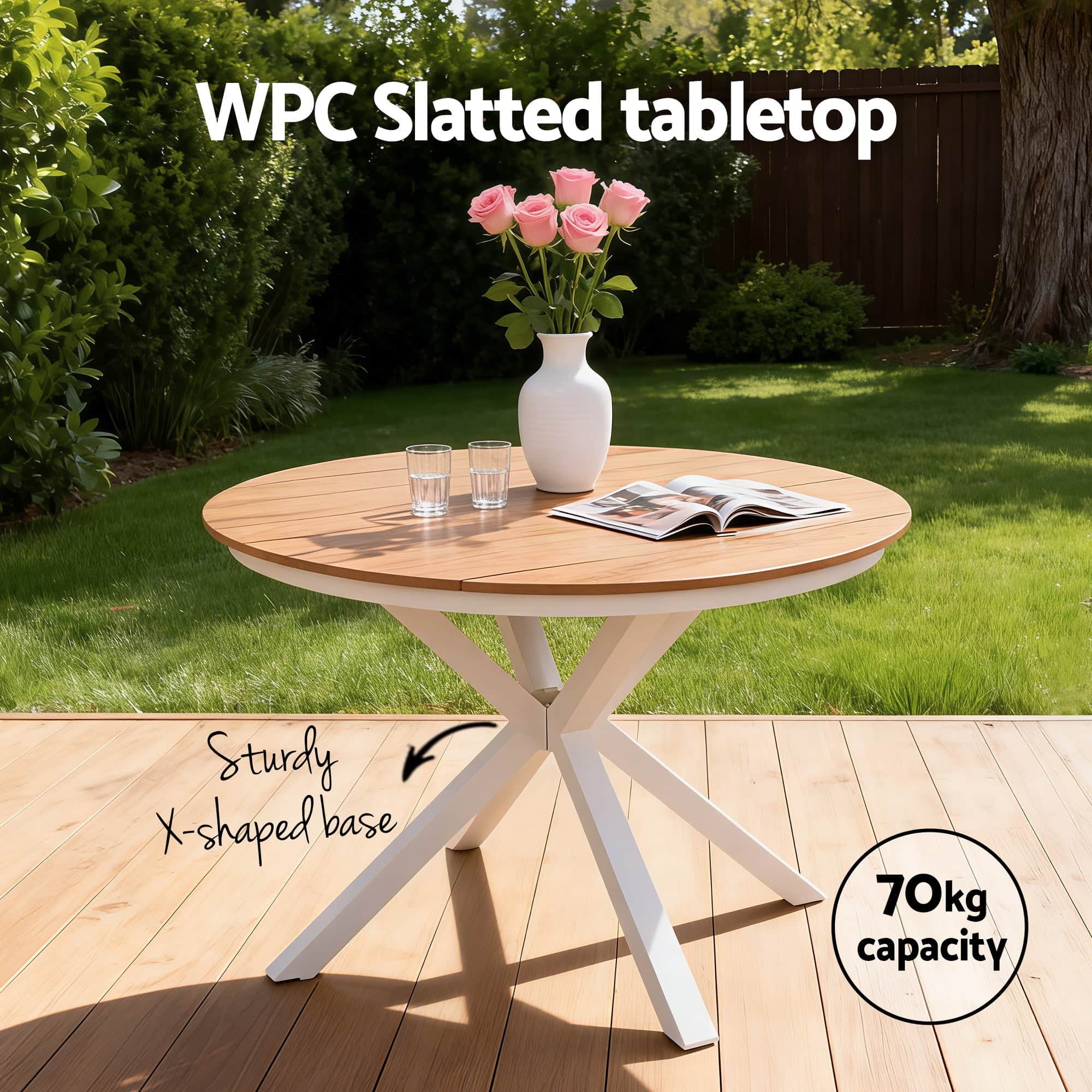 108CM Outdoor Dining Table Aluminum Frame WPC Top Patio Furniture Round