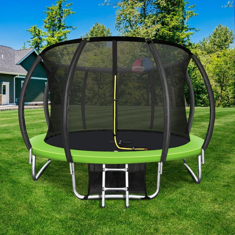 10FT Round Spring Trampoline with Safety Net Enclosure and Basketball Set - Green