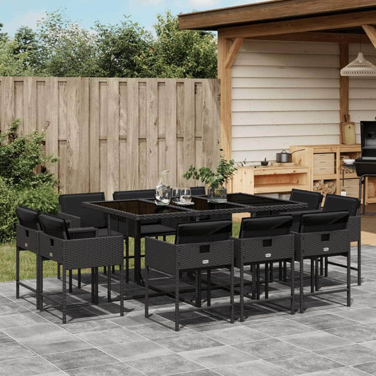 11-Piece Black Poly Rattan Garden Dining Set with Plush