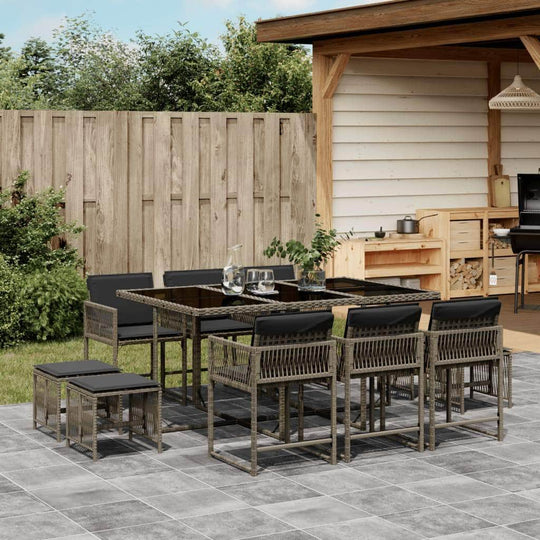 11-Piece Grey Poly Rattan Outdoor Dining Set with Plush