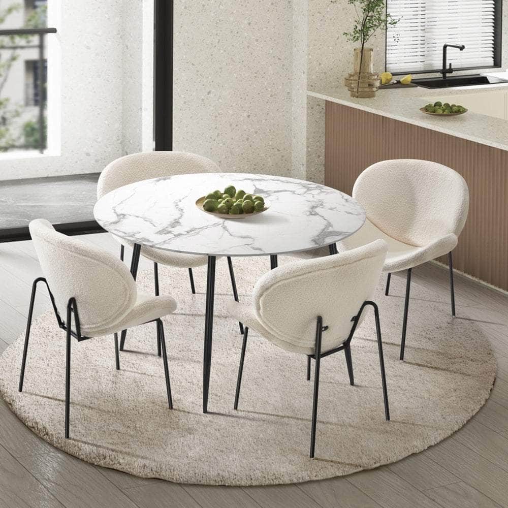 110cm Round Dining Table with 4PCS Chairs White Sherpa