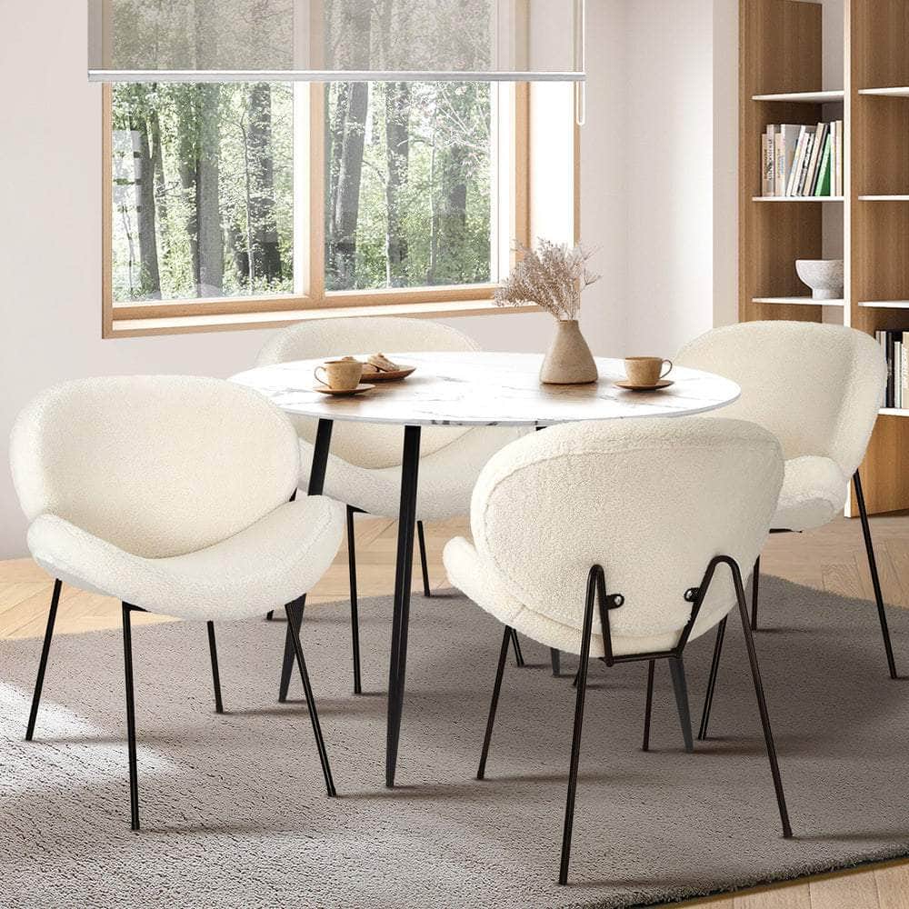 110cm Round Dining Table with 4PCS Chairs White Sherpa