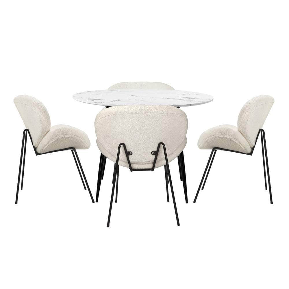 110cm Round Dining Table with 4PCS Chairs White Sherpa