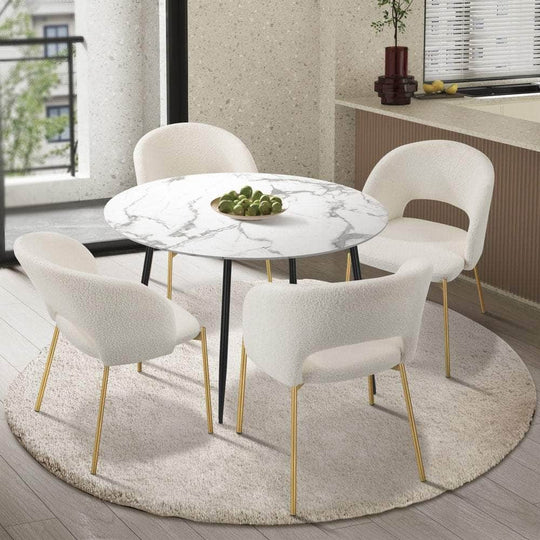 110Cm - 110cm Round Dining Table with 4PCS Dining Chairs Sherpa Gold