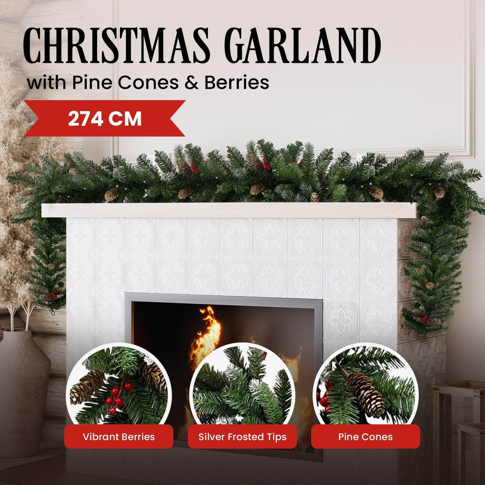 Christmas Garland with Pine Cones & Berries - 274cm, living other