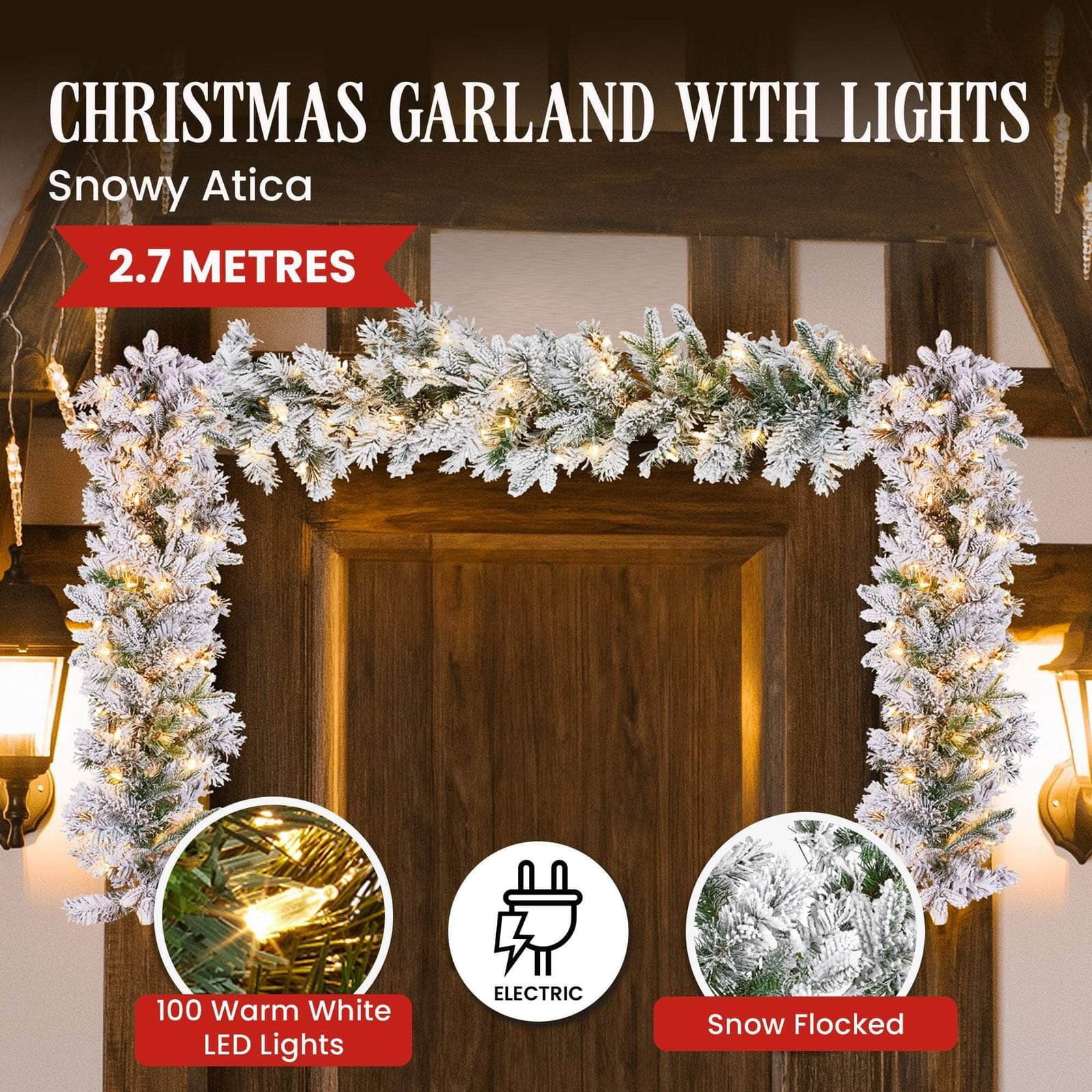 Snowy Atica Pre-Lit Christmas Garland - 274cm, Prelit