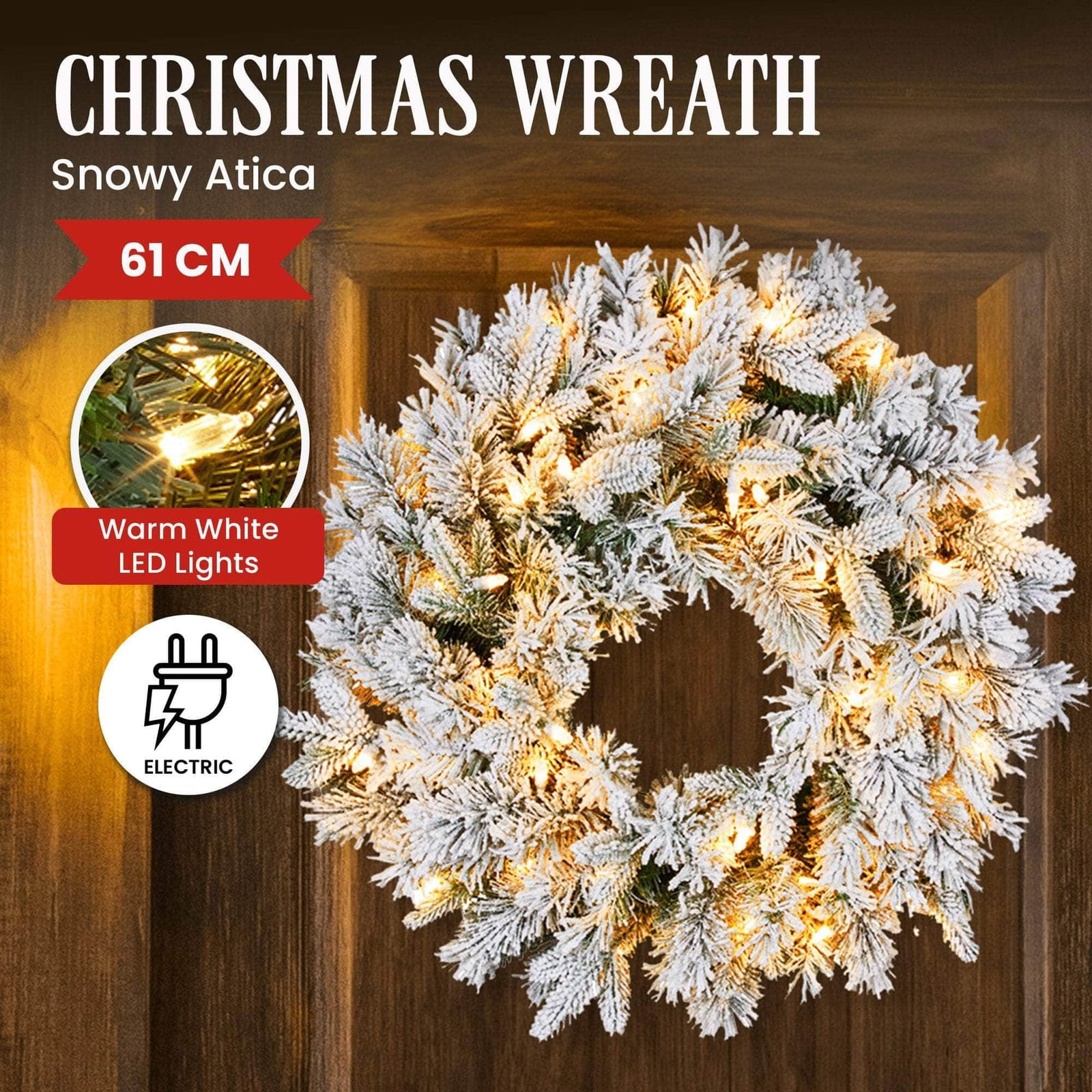 Snowy Atica Pre-Lit Christmas Wreath - 61cm - 61Cm