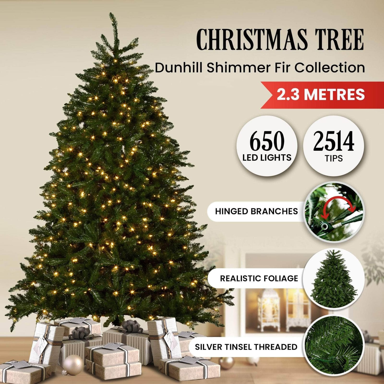 2.3m Dunhill Shimmer Fir Pre-Lit Christmas Tree, dsd - photo 7