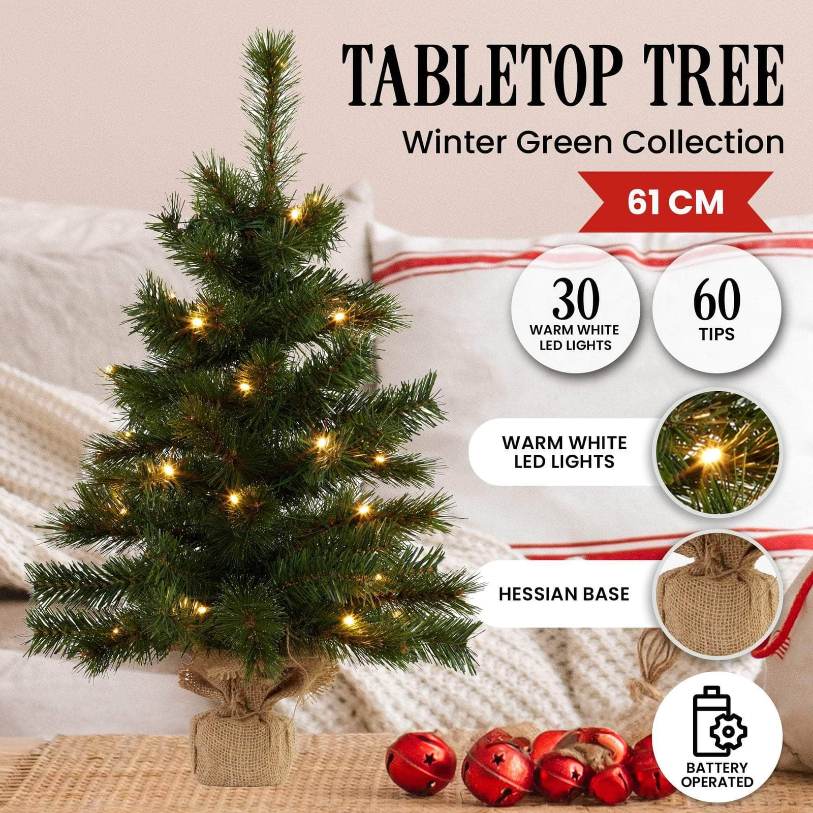 61cm Wintergreen Tabletop Pre-Lit Christmas Tree - 61Cm
