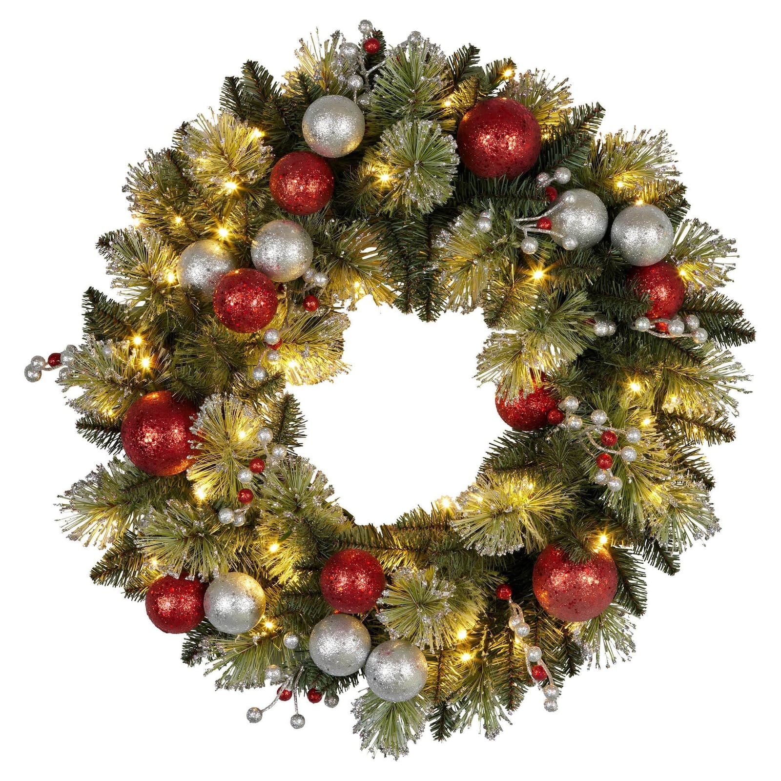Red colour - Christabelle 61cm Christmas Wreath with LED Lights Baubles Berries Red Silver Front Door