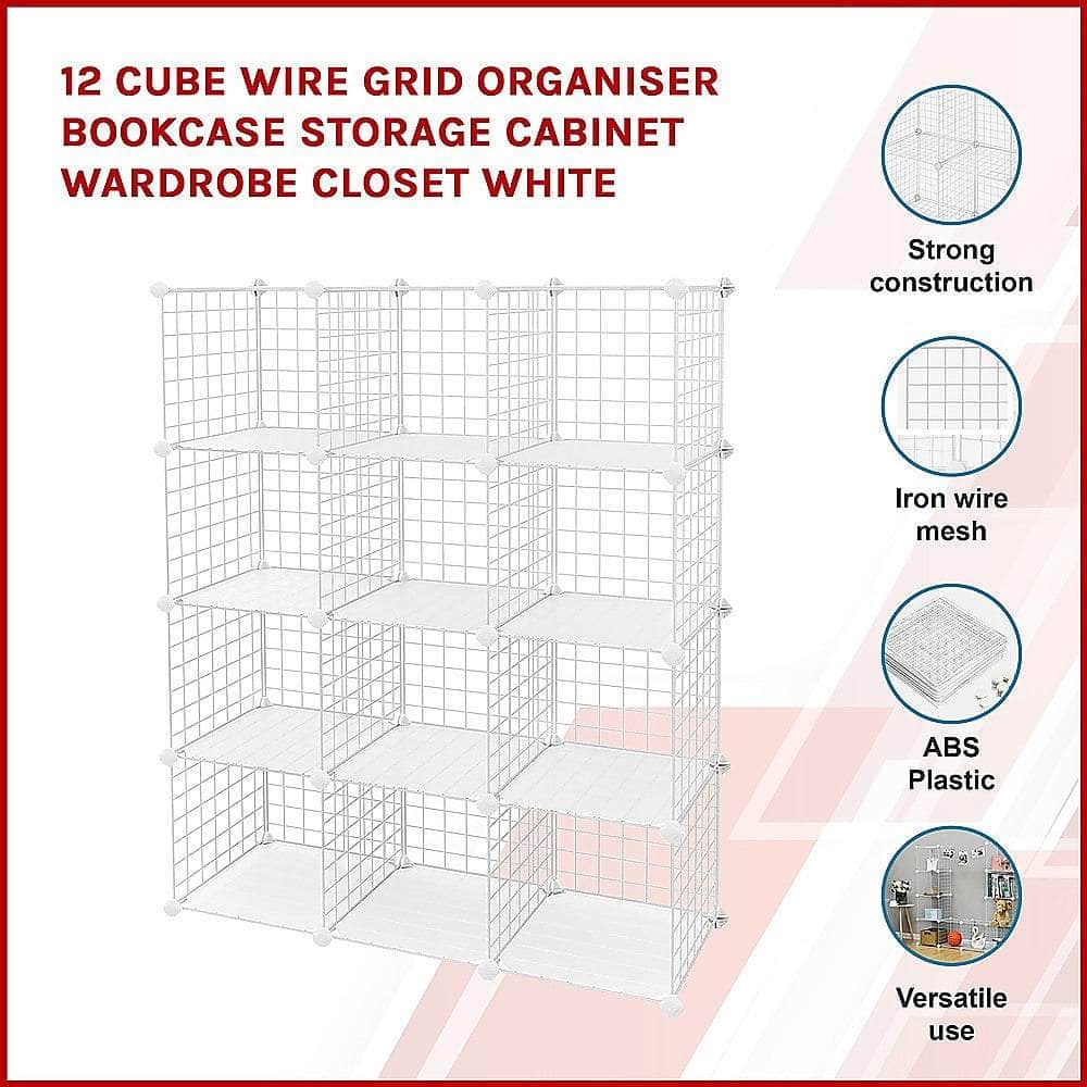 12 Cube Wire Grid Storage Cabinet - White