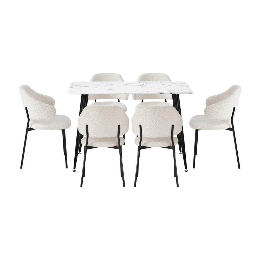 120cm Rectangle Dining Table Set with 6 Sherpa White & Grey Chairs for Dining