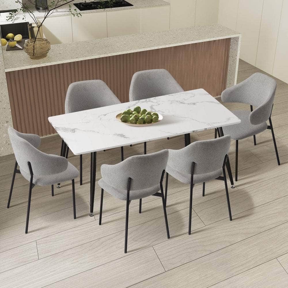 120cm Rectangle Dining Table Set with 6 Sherpa White & Grey Chairs for Dining