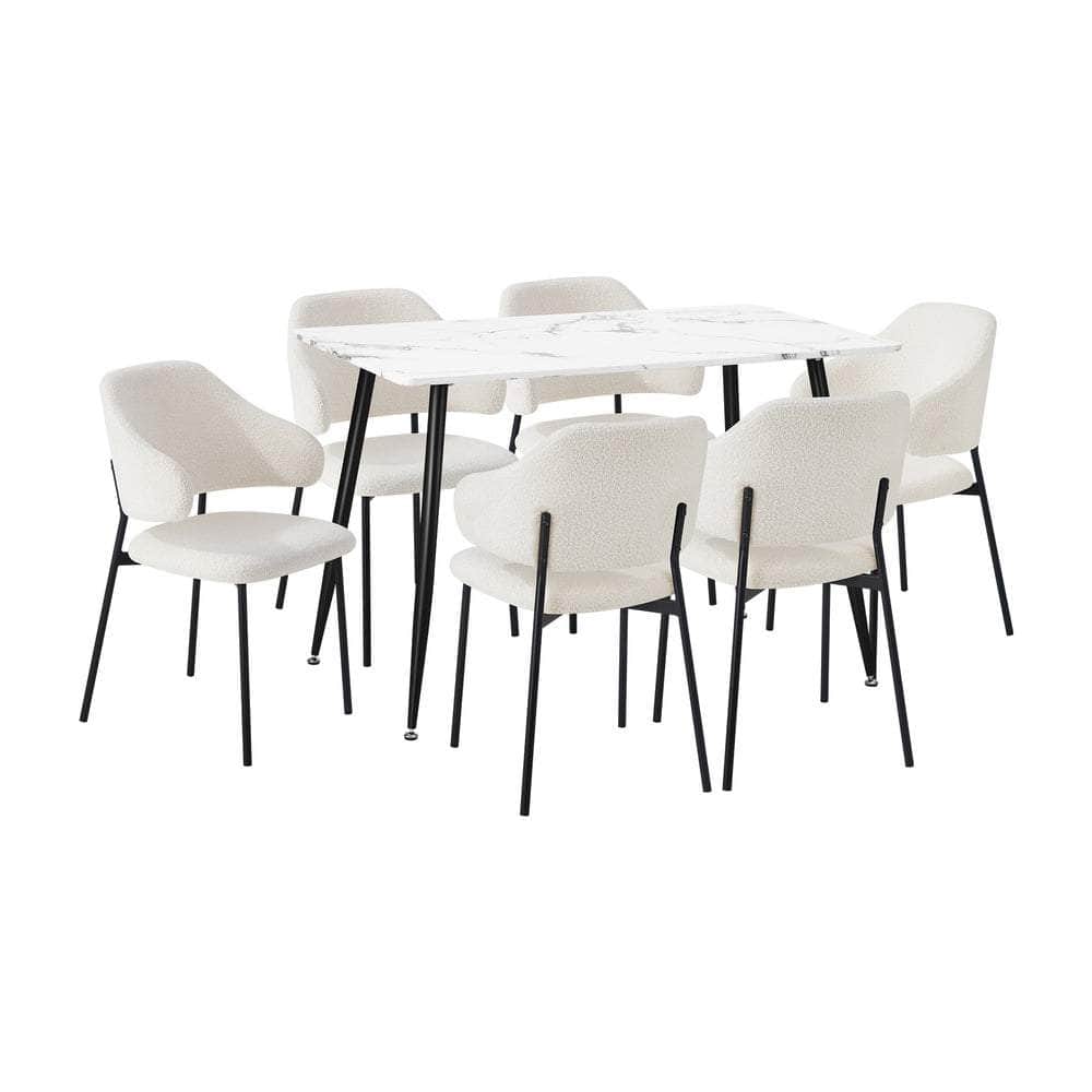 120cm Rectangle Dining Table Set with 6 Sherpa White & Grey Chairs for Dining