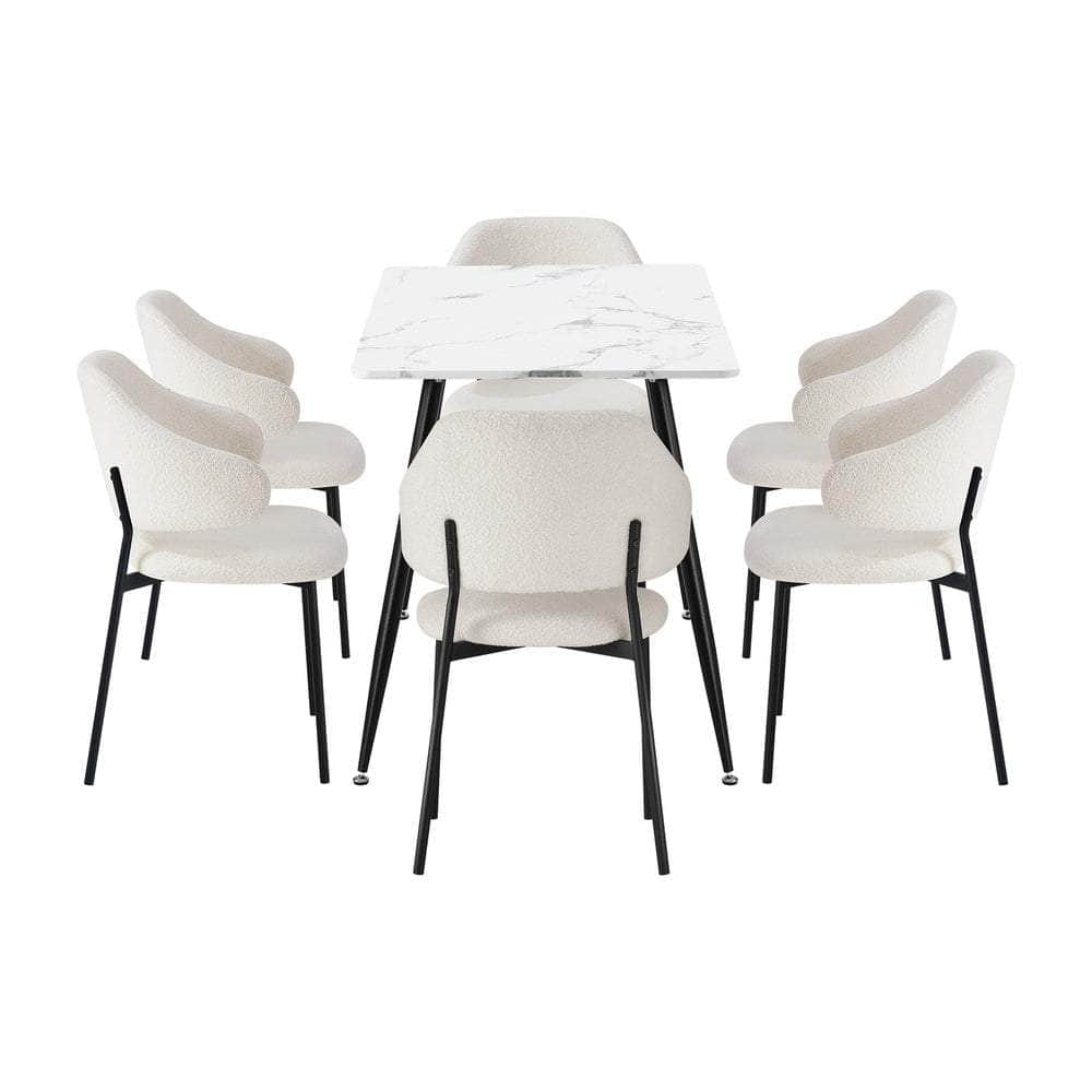 120cm Rectangle Dining Table Set with 6 Sherpa White & Grey Chairs for Dining