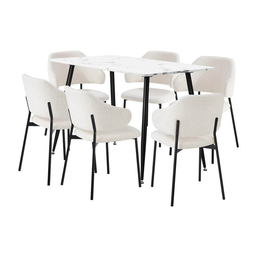 120cm Rectangle Dining Table Set with 6 Sherpa White & Grey Chairs for Dining