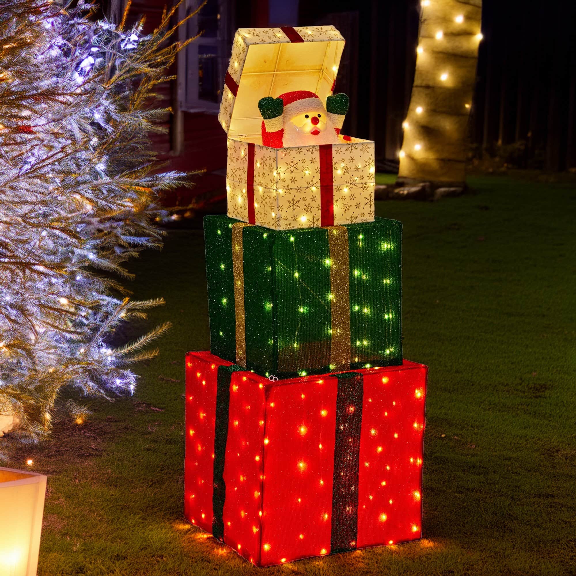 122cm Animated Present Stack Santa LED Lights Christmas Tree Decoration Ornament