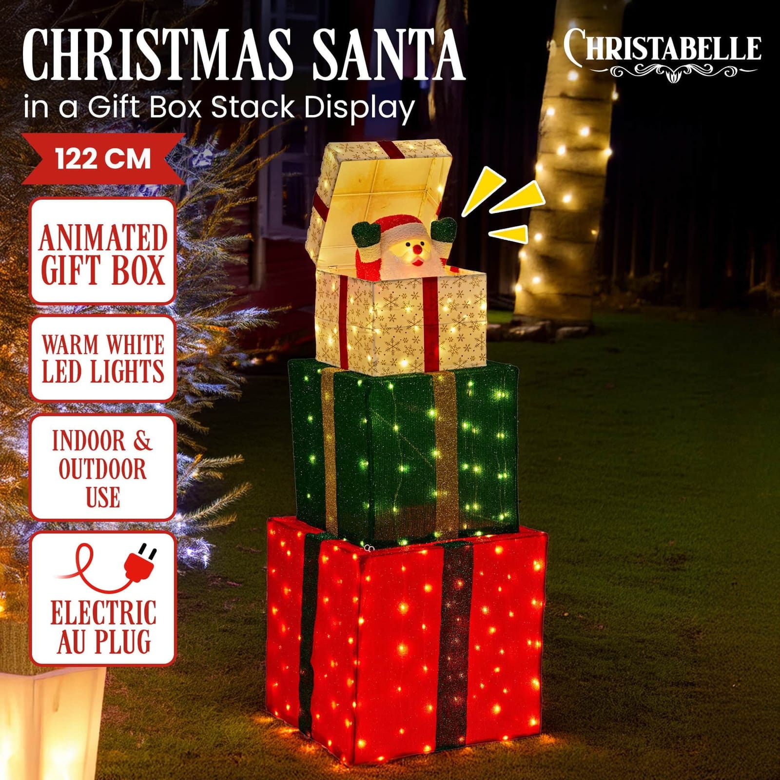 122cm Animated Present Stack Santa LED Lights Christmas Tree Decoration Ornament
