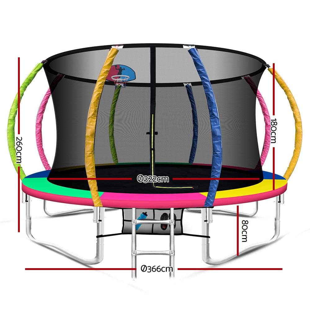 12FT Trampoline Round Trampolines With Basketball  Multi-coloured
