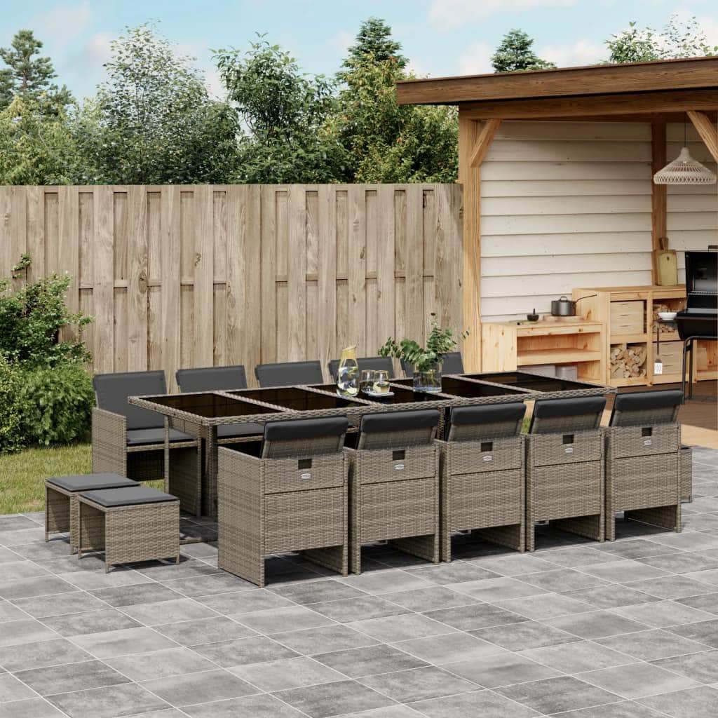 15 Piece Garden Dining Set with Cushions Grey - Poly Rattan