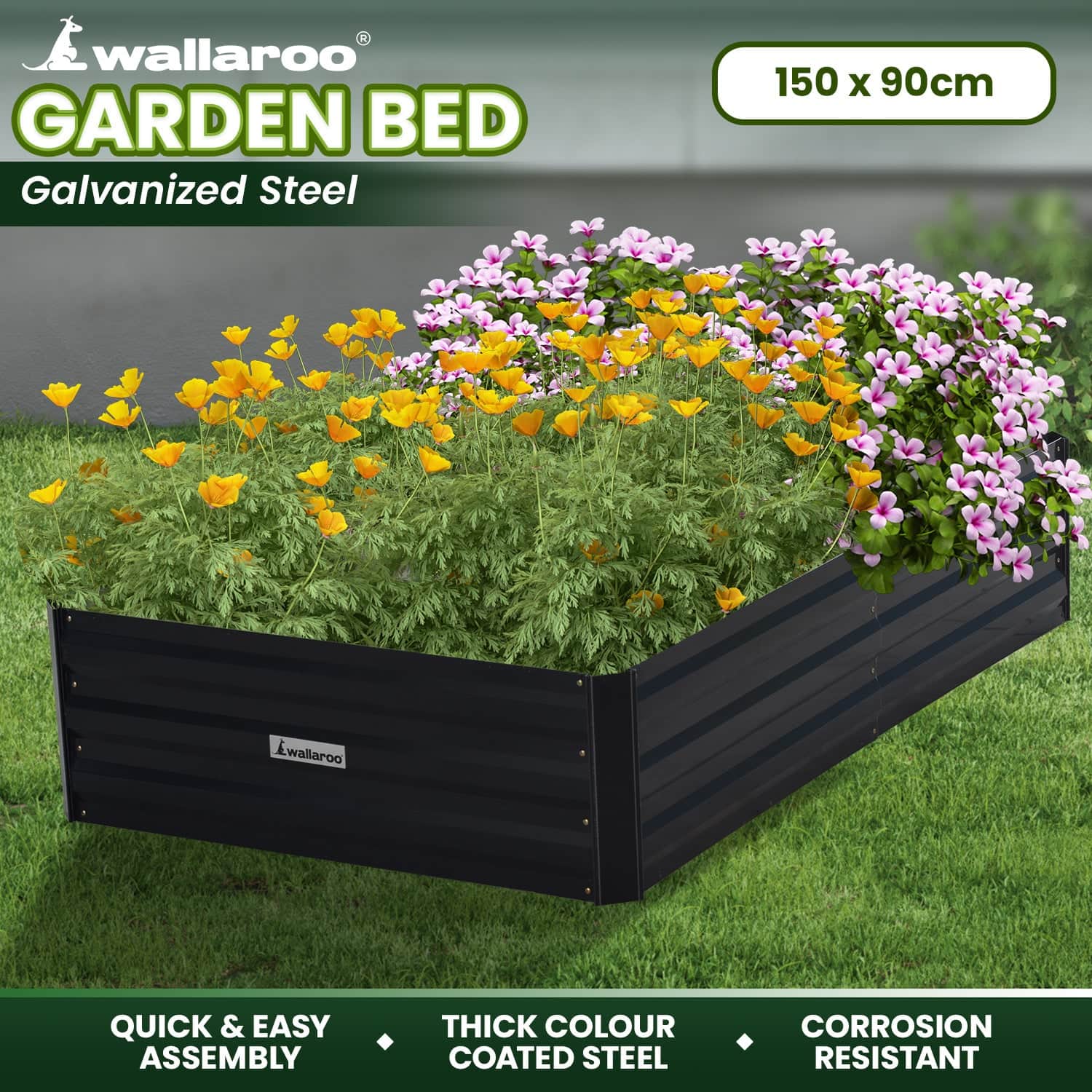 150 X 90 X 30Cm Galvanized Steel Garden Bed - Black