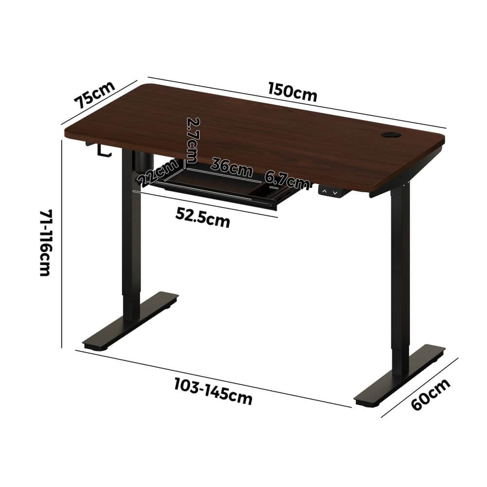 150cm Electric Standing Desk Adjustable Height with Drawer Black & White Walnut