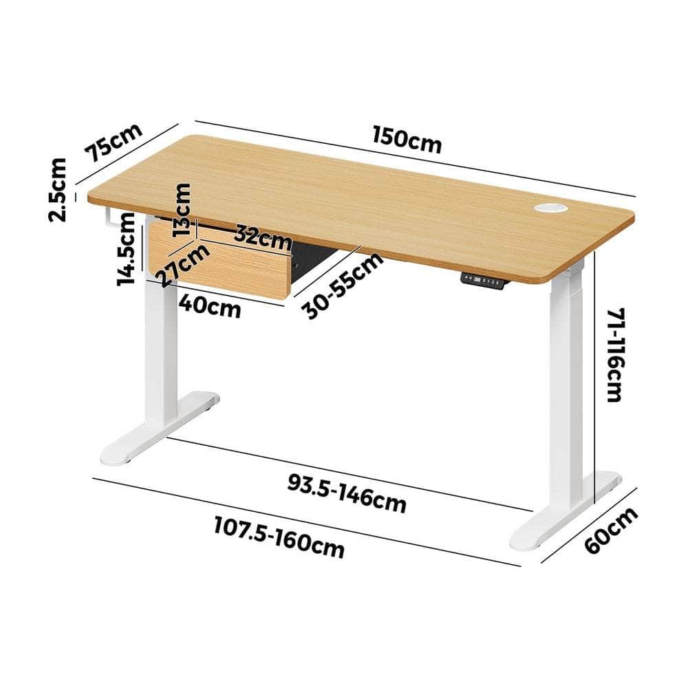150cm Electric Standing Desk with Drawer Adjustable Oak White Single & Dual Motar