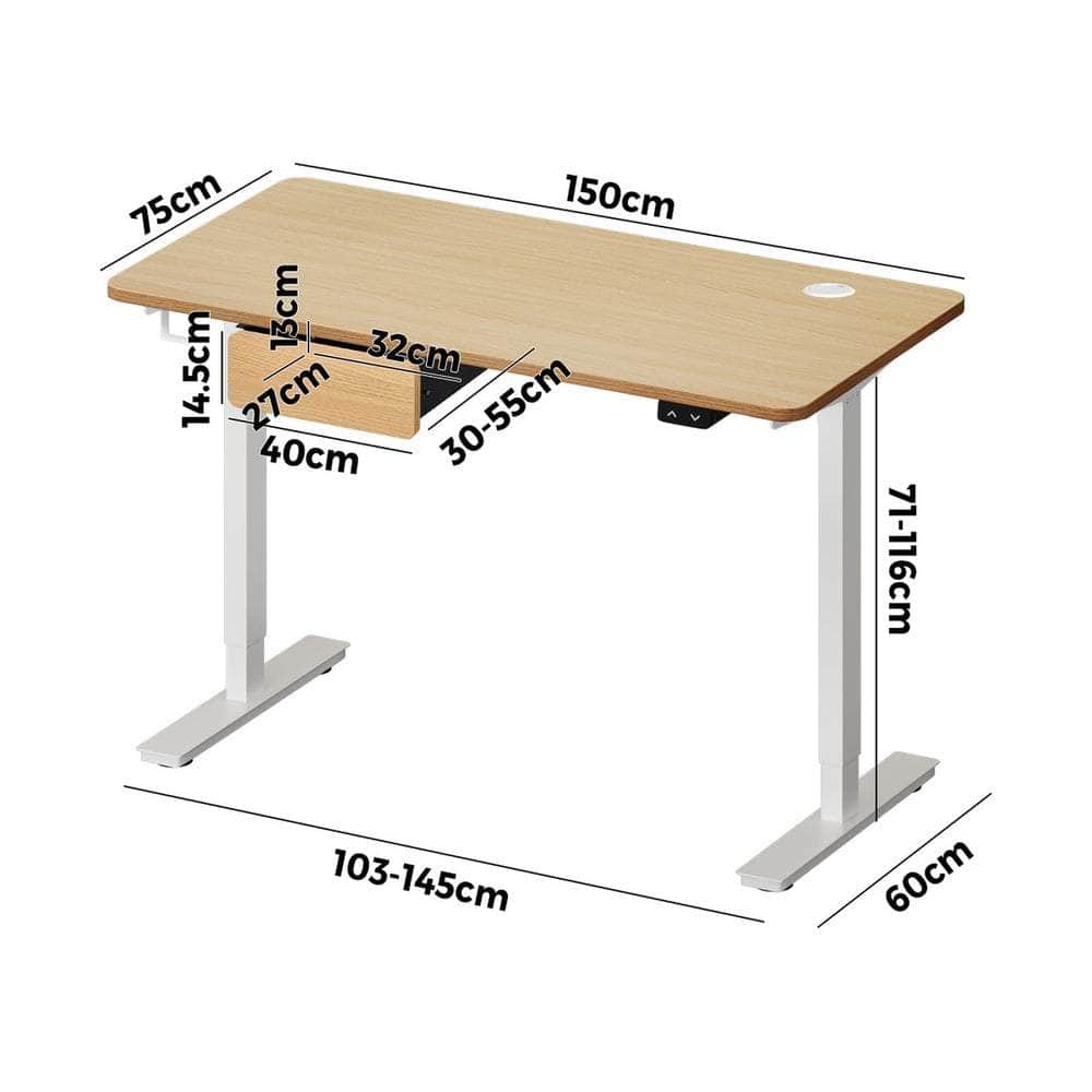 150cm Electric Standing Desk with Drawer Adjustable Oak White Single & Dual Motar