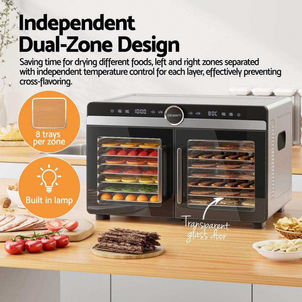 16-Tray Food Dehydrator with Dual-Zone Temperature Control, Stainless Steel