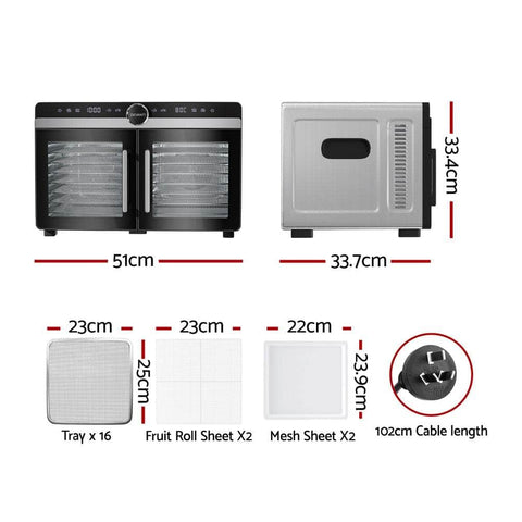 16-Tray Food Dehydrator with Dual-Zone Temperature Control, Stainless Steel