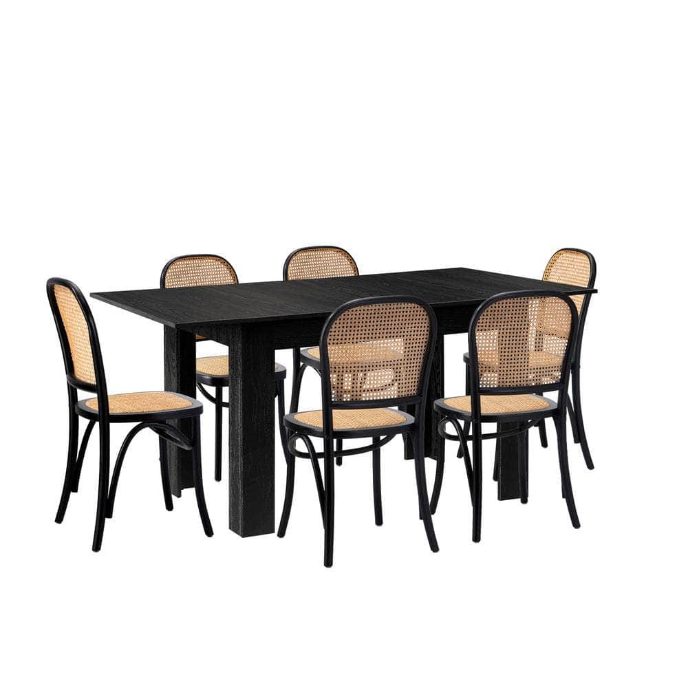 160cm Extendable Dining Table with 4PCS Dining Chairs Rattan Black