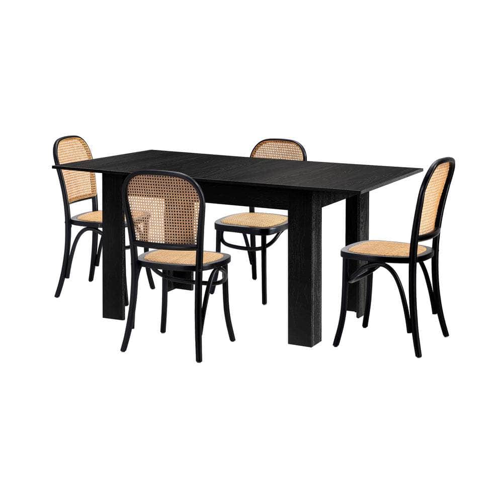 160cm Extendable Dining Table with 4PCS Dining Chairs Rattan Black