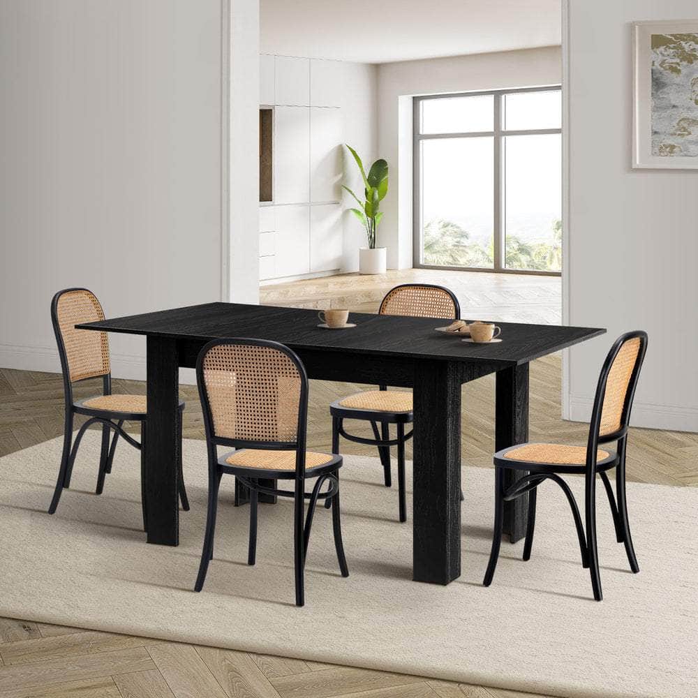 160cm Extendable Dining Table with 4PCS Dining Chairs Rattan Black
