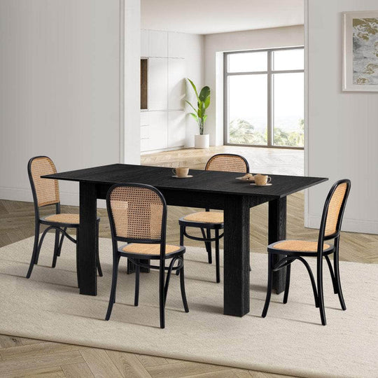 160cm Extendable Dining Table with 4PCS Dining Chairs Rattan Black | Dining Set
