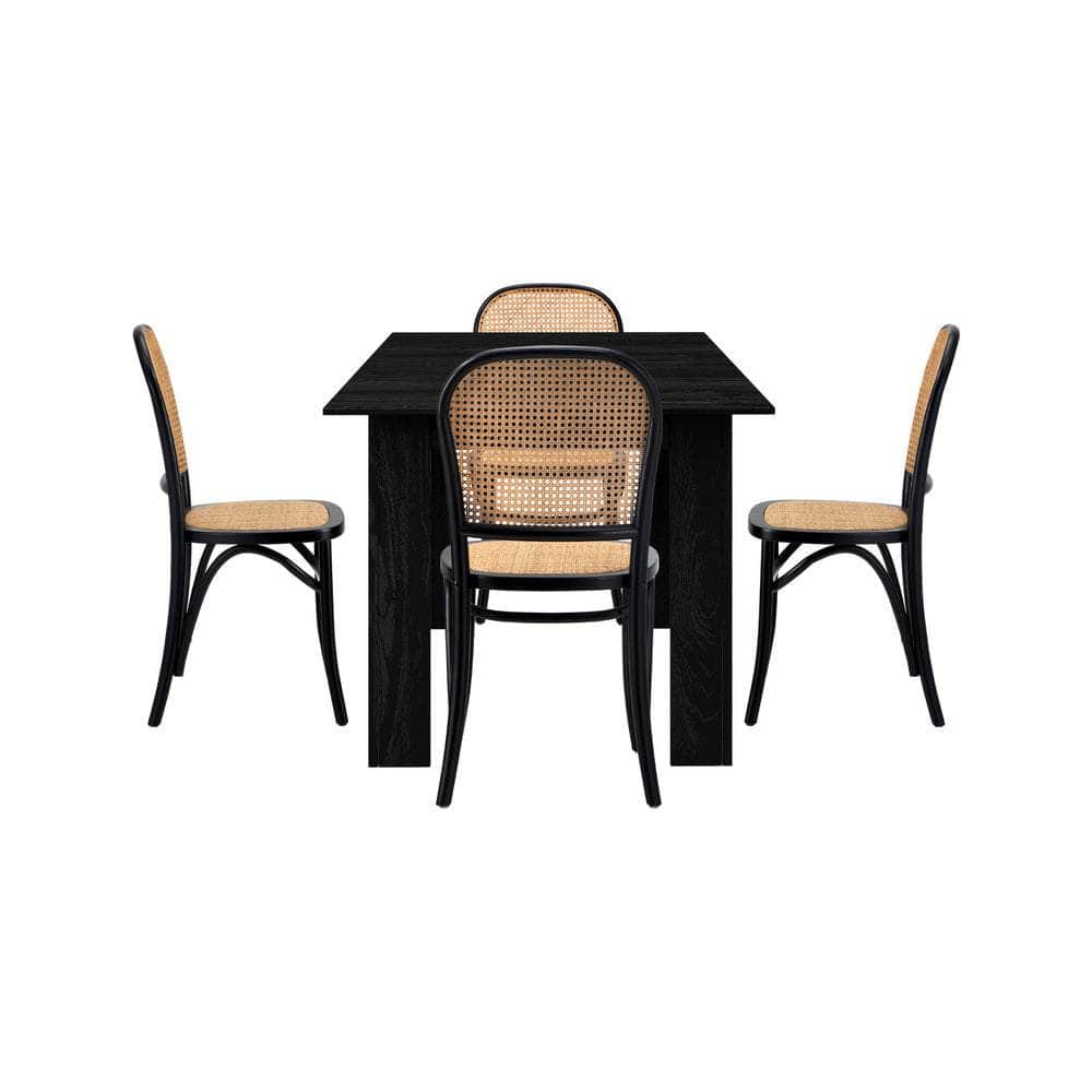 160cm Extendable Dining Table with 4PCS Dining Chairs Rattan Black