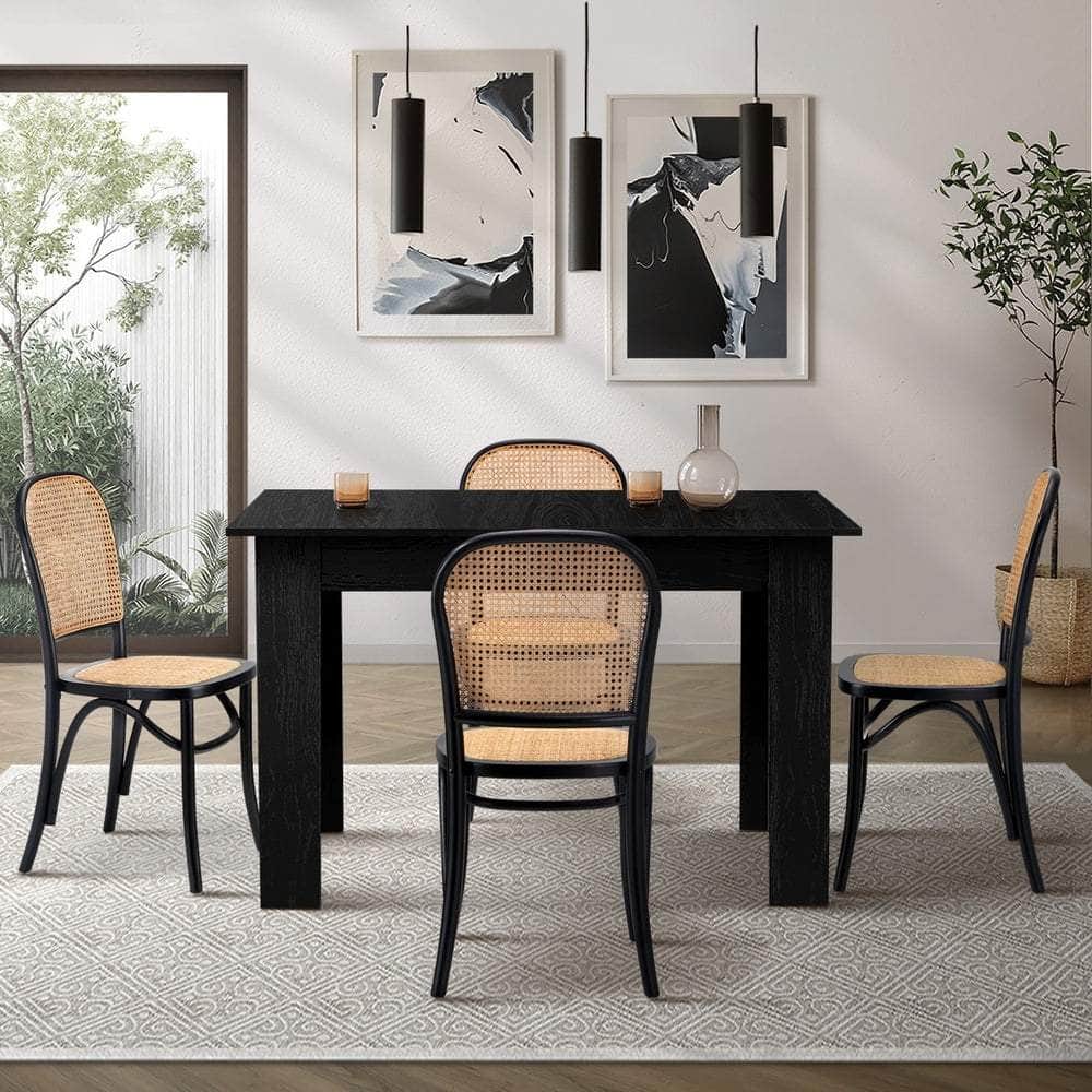 160cm Extendable Dining Table with 4PCS Dining Chairs Rattan Black