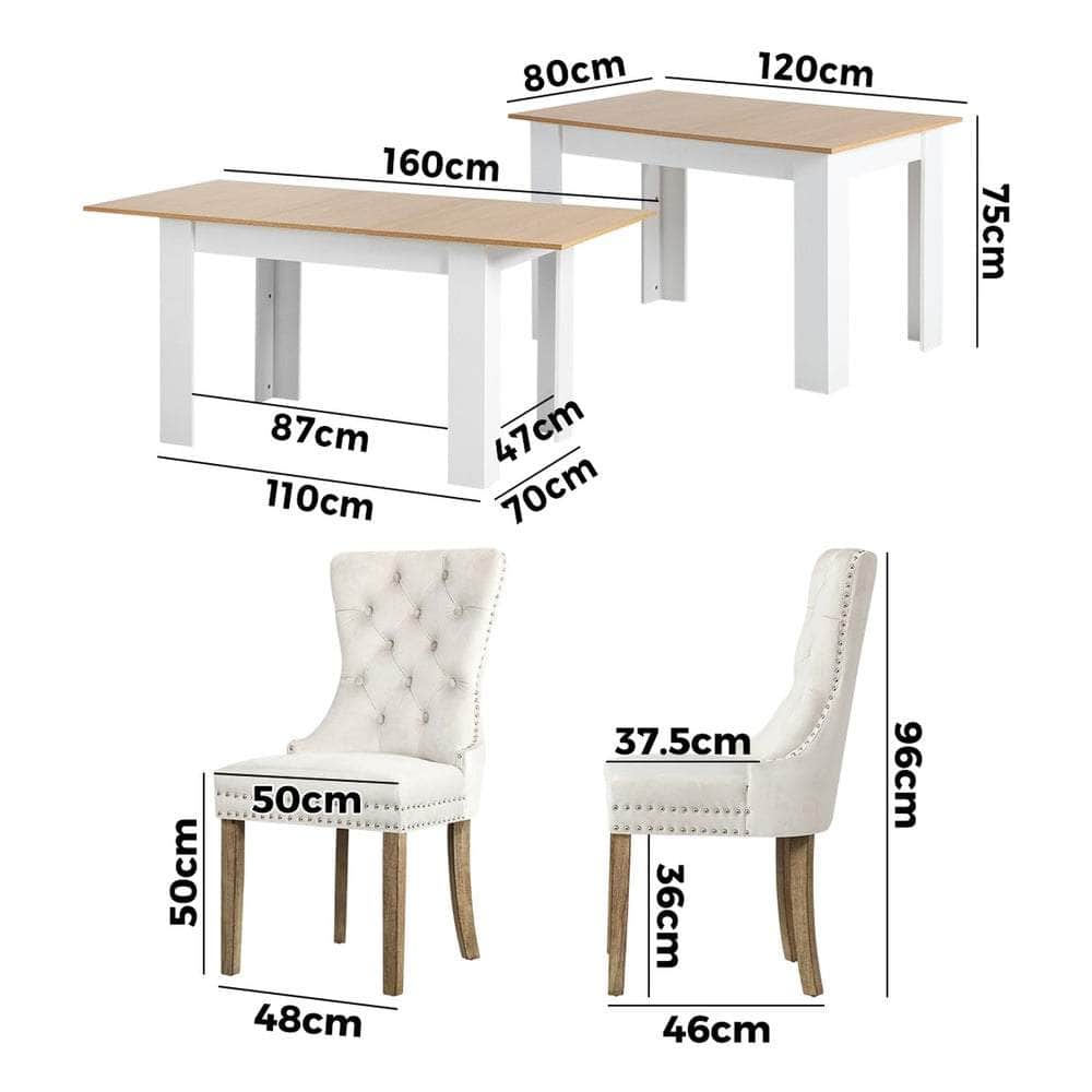 160cm Extendable Dining Table with 6PCS Chairs Velvet Beige
