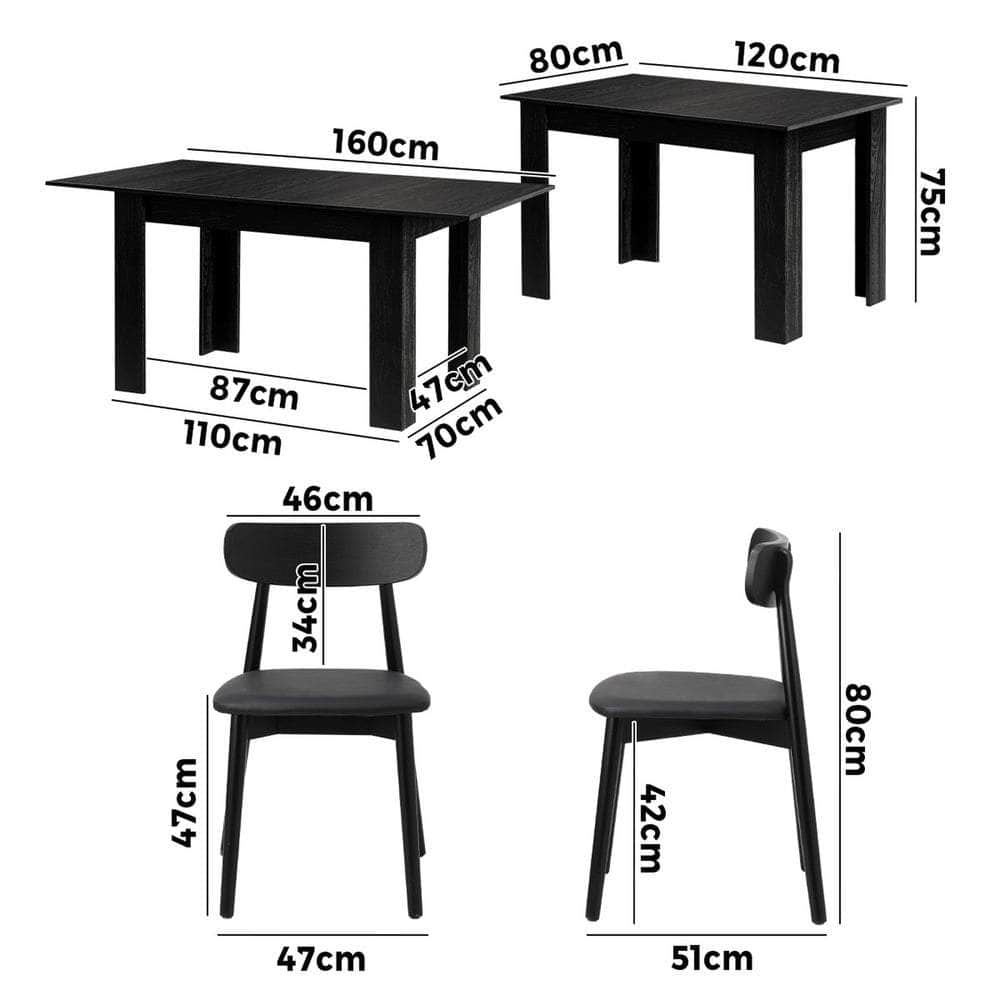 160cm Extendable Dining Table with Dining Chairs PU Leather Black