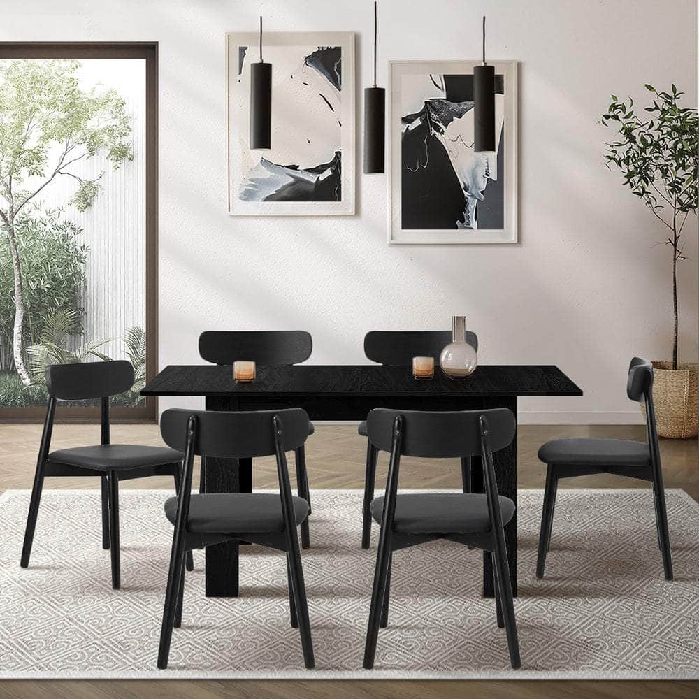 160cm Extendable Dining Table with Dining Chairs PU Leather Black