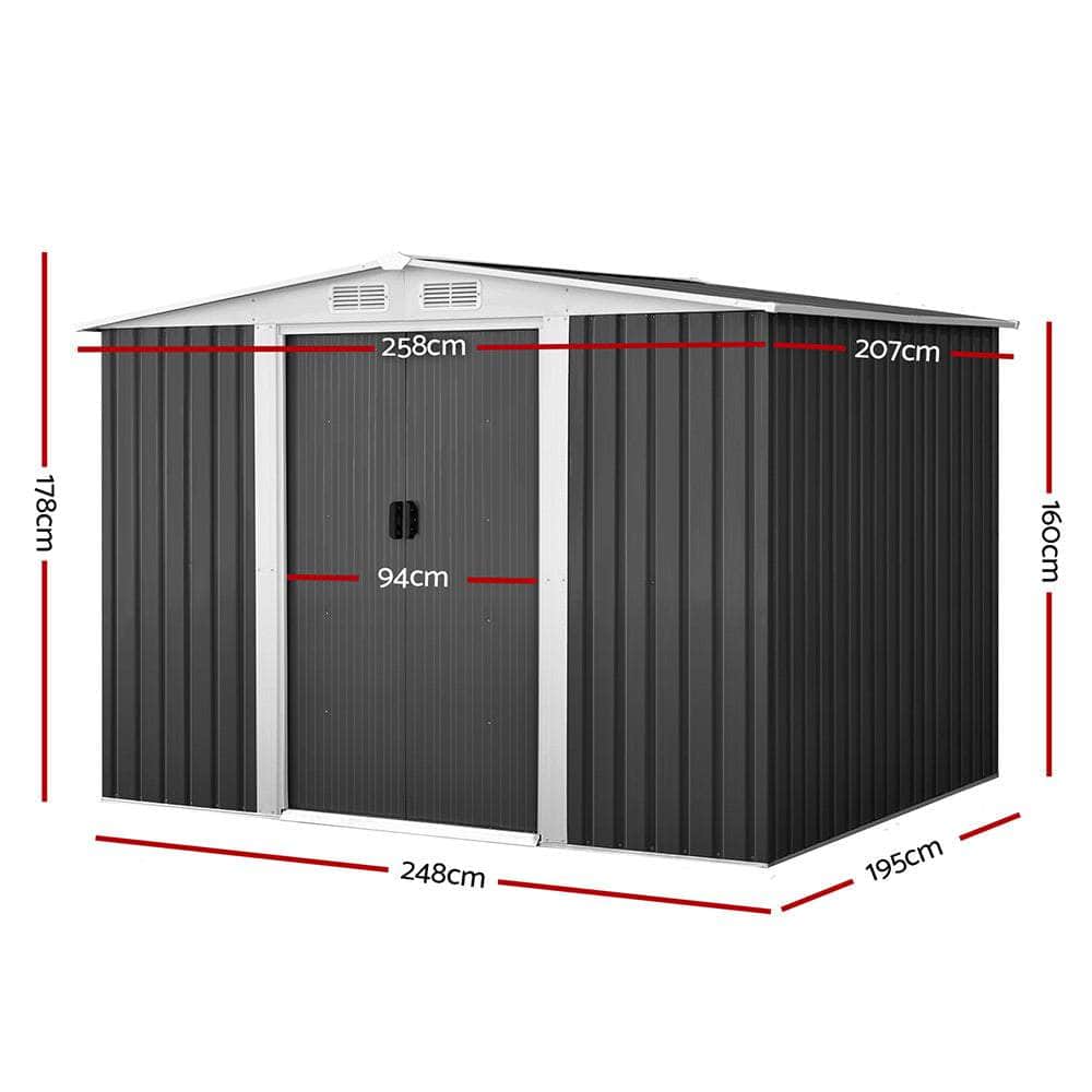 2.05 x 2.57m Steel Garden Shed with Roof - Grey