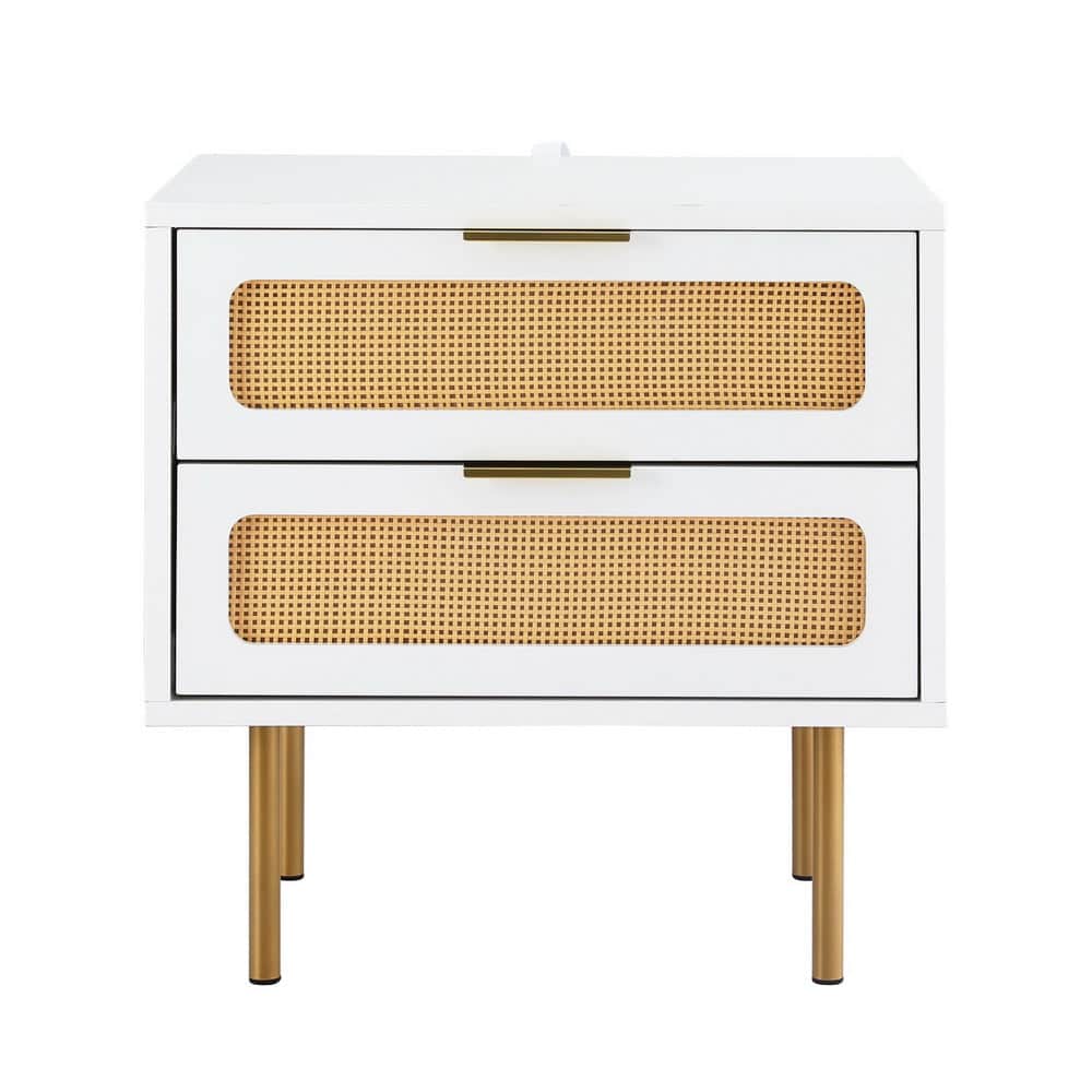 2-Drawer Pine Rattan Bedside Table Modern Bedroom Nightstand Furniture