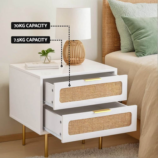 2-Drawer Pine Rattan Bedside Table Modern Bedroom Nightstand Furniture | Pine finish