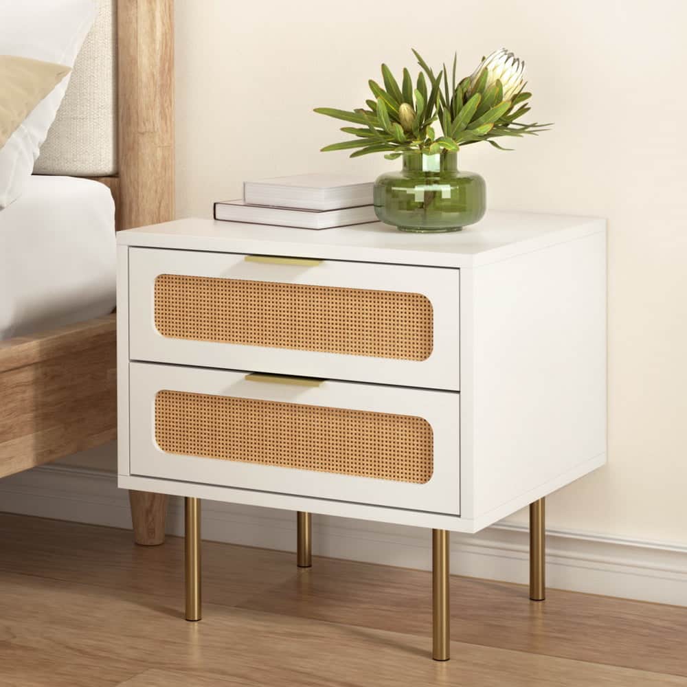 2-Drawer Pine Rattan Bedside Table Modern Bedroom Nightstand Furniture